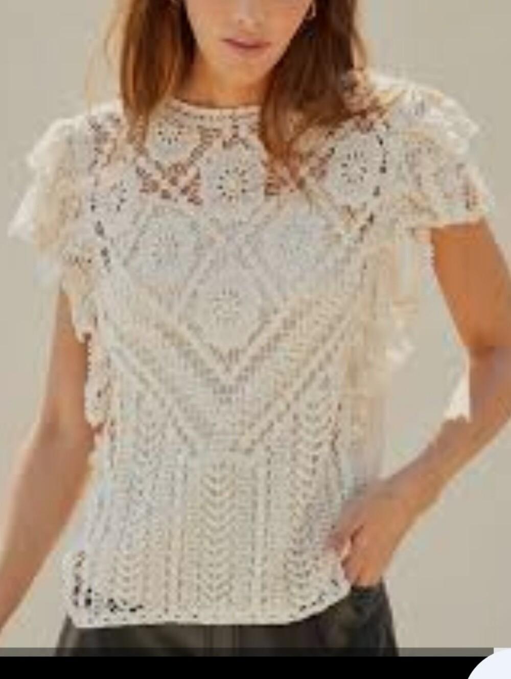 Anthropologie Blue Tasdel Cream Crochet Cotton Flutter Sleeve Top